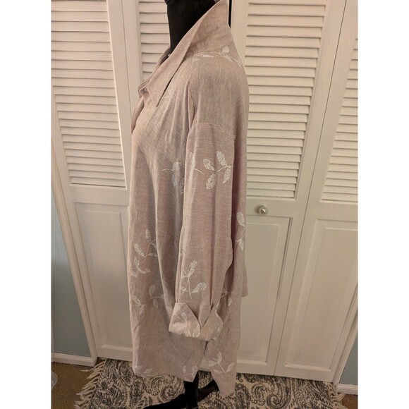 Susan Graver Shirt Women's 3X Beige White Floral Linen Blend Top Blouse Coastal - Picture 7 of 11